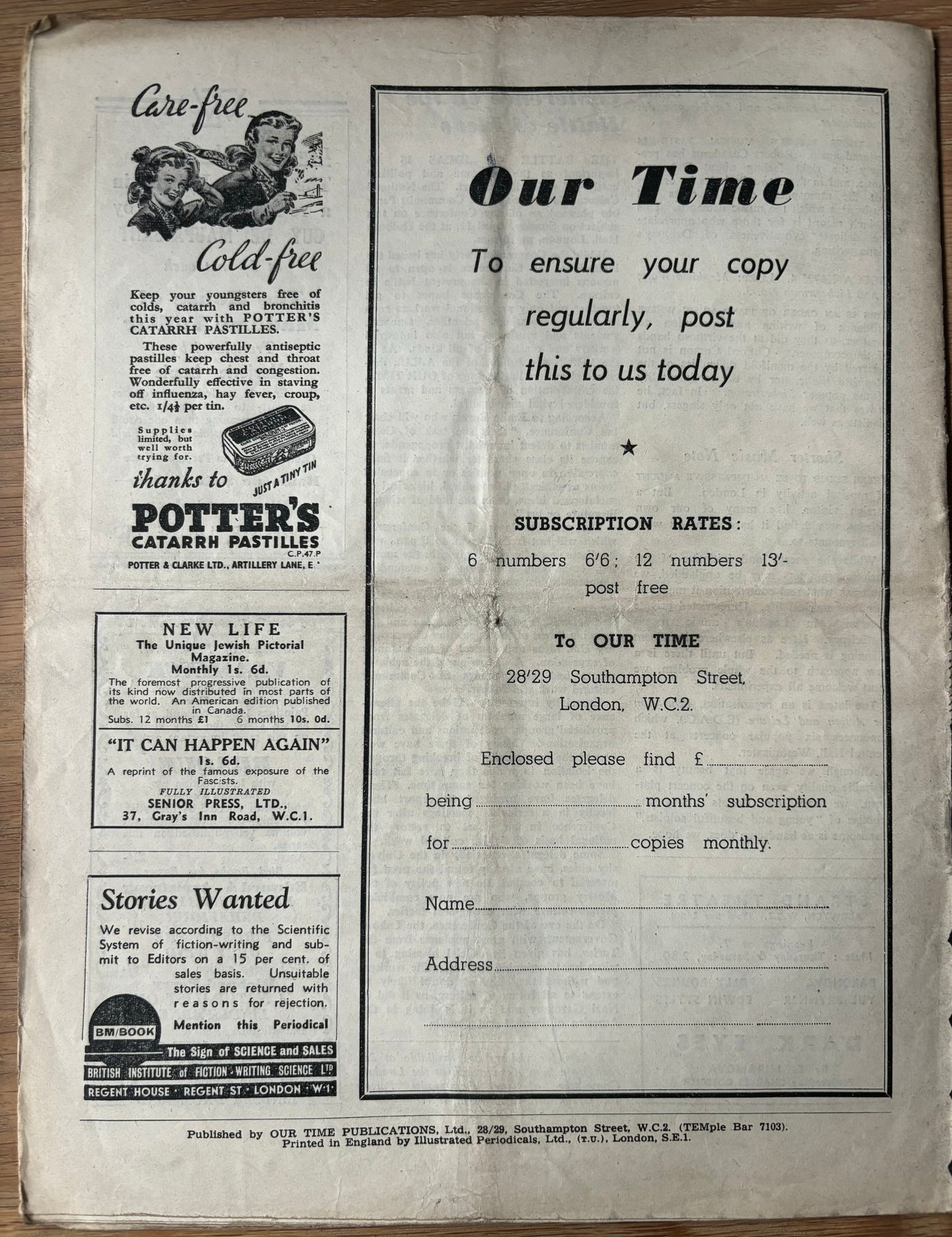 Fred Millett OUR TIME Magazine April 1948 Chartist Poets Fiction Eric Hobsbawn - transpontinebooks