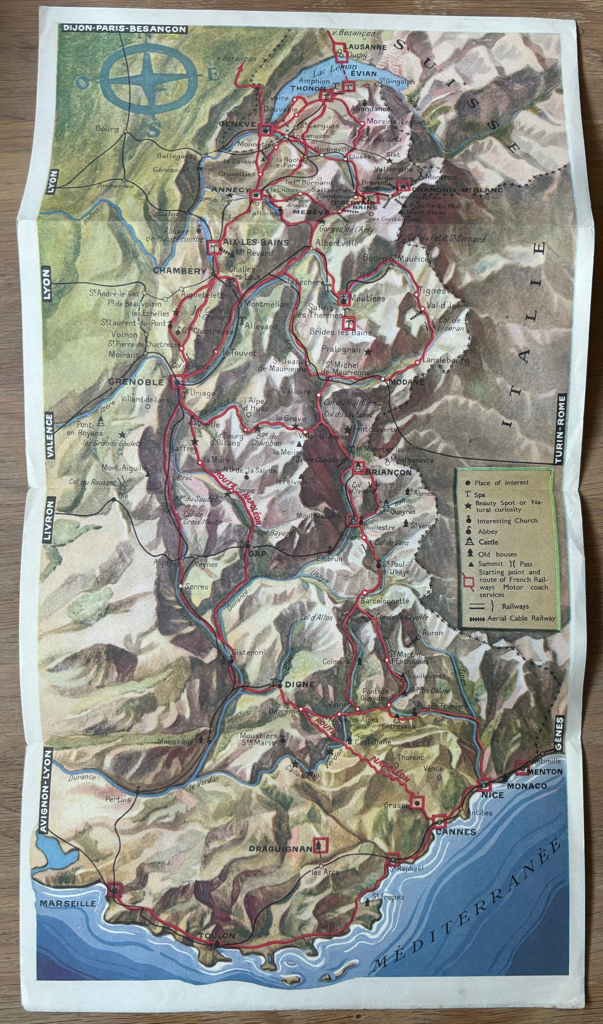 The French Alps FRENCH RAILWAYS TOURIST LEAFLET 1950’s Illustrated Map Of Region - transpontinebooks