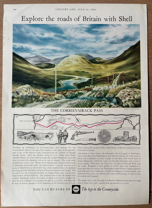 David Gentleman 1960's SHELL GUIDE TO ROADS OF BRITAIN THE CORRIEYAIRACK PASS Advert