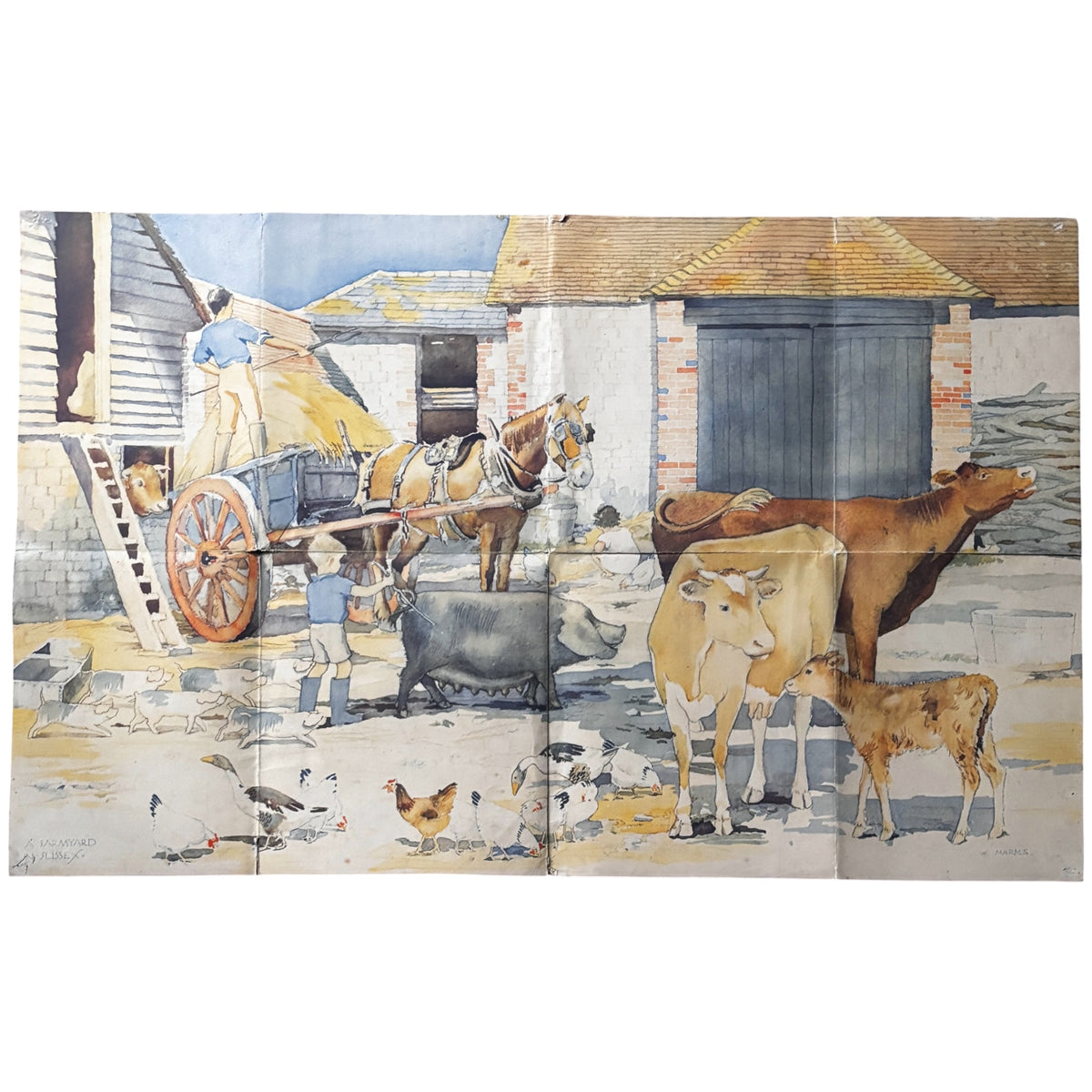Winifred Marks LARGE SUSSEX FARMYARD POSTER 1933 Child Education School ART