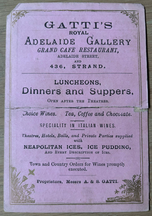 GATTI'S ROYAL ADELAIDE GALLERY Restaurant Card 436 STRAND LONDON Ice Cream