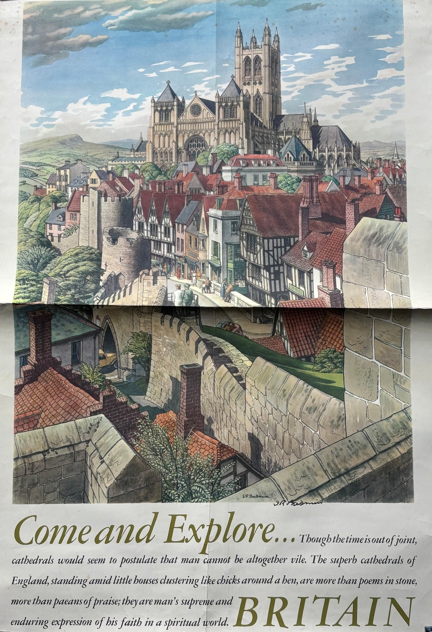 S R Badmin Signed 1950’s COME AND EXPLORE BRITAIN TRAVEL POSTER 1953