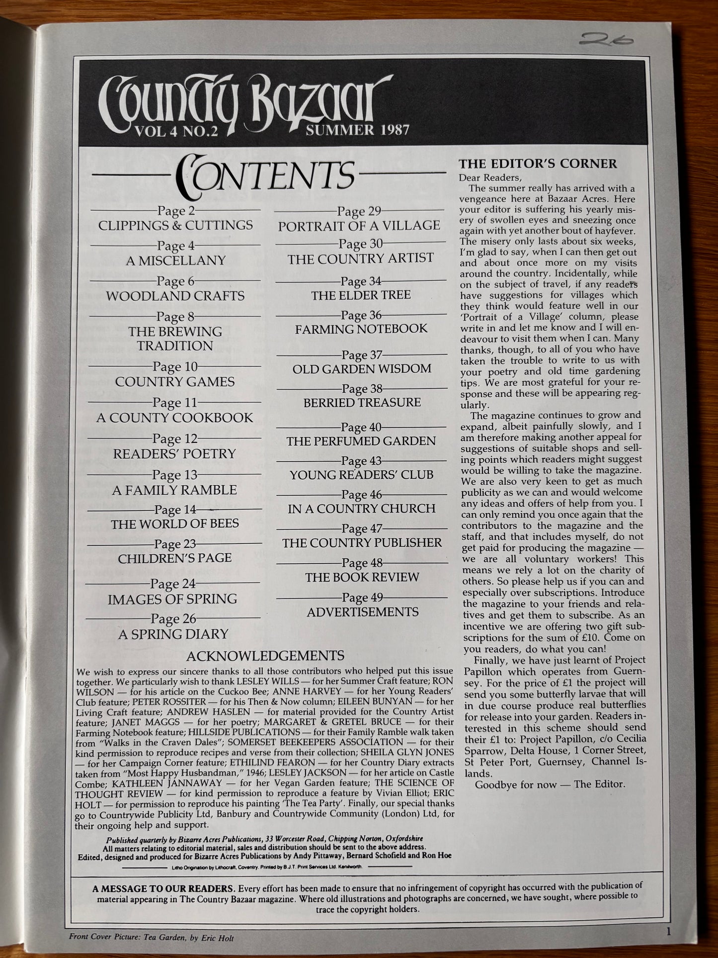 THE COUNTRY BAZAAR Magazine Summer 1987 BEES BEE KEEPING Eric Holt Andrew Haslen