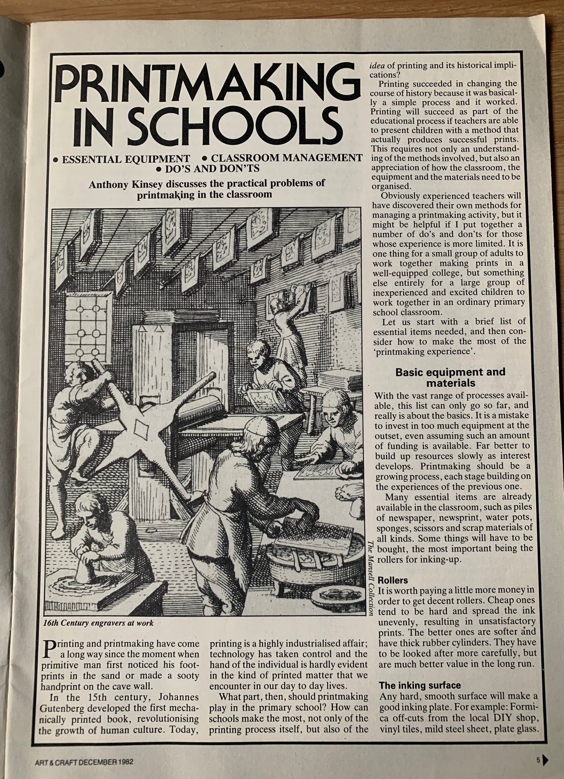 ART AND CRAFT EDUCATION MAGAZINE December 1982 Printmaking Linocuts Prints - transpontinebooks