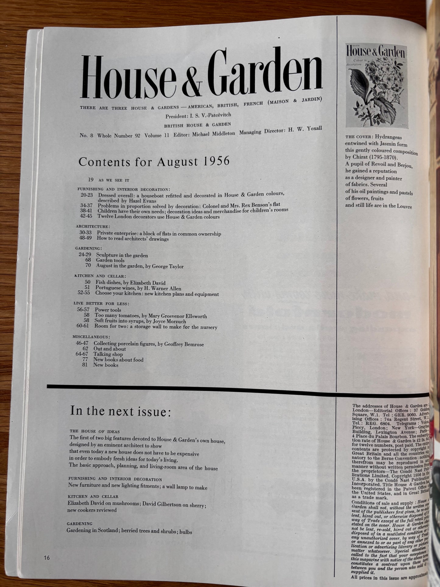 HOUSE AND GARDEN Magazine AUGUST 1956 Elizabeth David COLOUR IN DECORATION