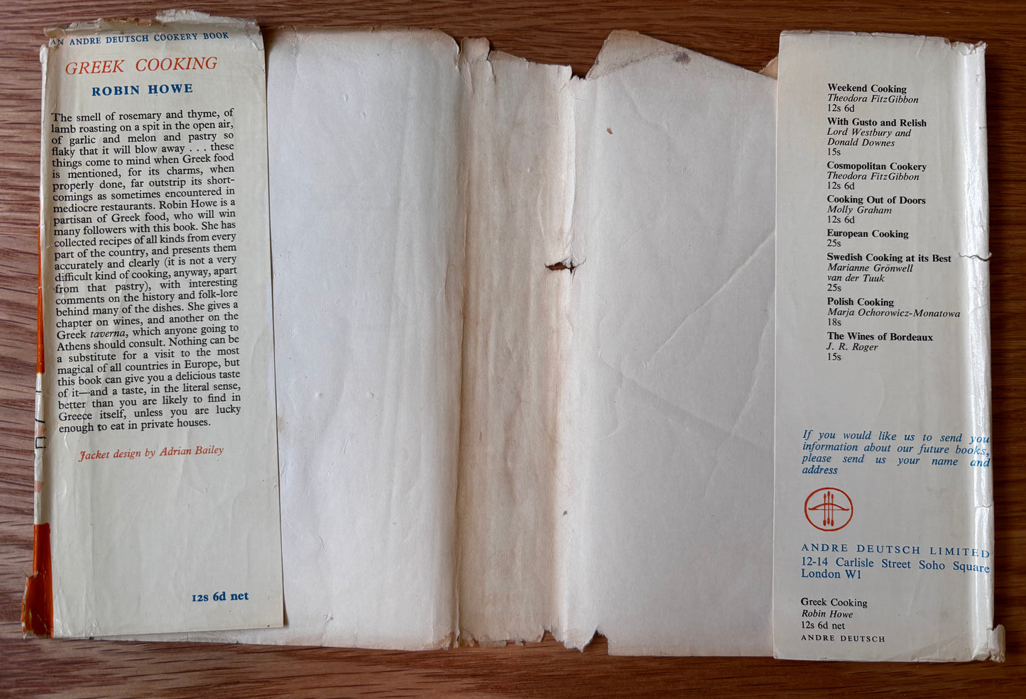 Adrian Bailey GREEK COOKING Robin Howe 1st Ed DJ 1960 Andre Deutsch COOKERY BOOK