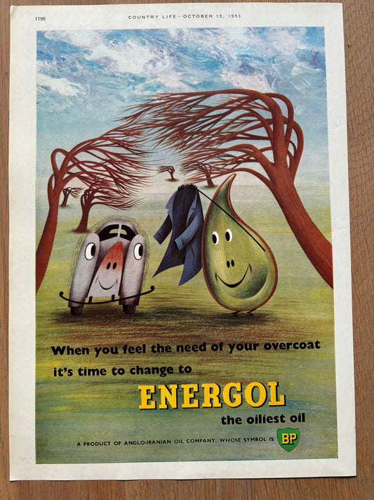 1950's ENERGOL BP ADVERT October 1953 OILIEST OIL OVERCOAT AD - transpontinebooks