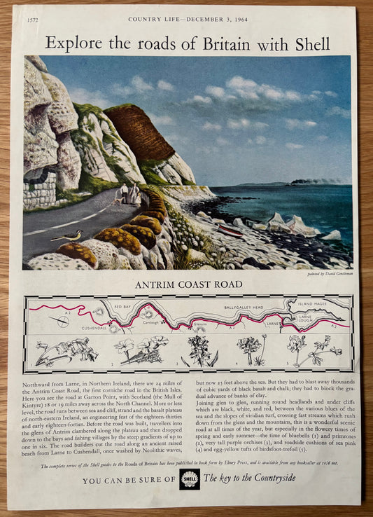 David Gentleman 1960's SHELL GUIDE TO ROADS OF BRITAIN ANTRIM COAST Advert