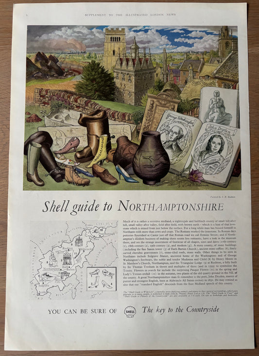 S R Badmin SHELL GUIDE TO NORTHAMPTONSHIRE ADVERT Original Large Ad 1960’s
