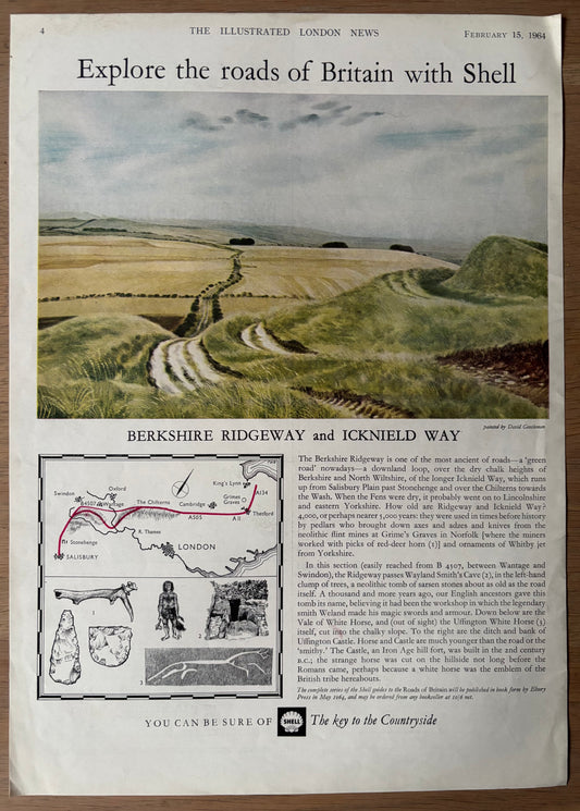 David Gentleman 1960's SHELL GUIDE TO ROADS BERKSHIRE RIDGEWAY THE ICKNIELD WAY Advert