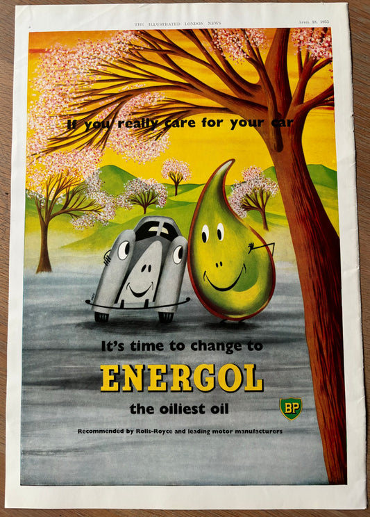 1950's ENERGOL BP ADVERT April 1953 OILIEST OIL OVERCOAT AD SPRING - transpontinebooks
