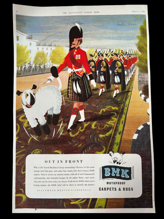 Leslie Wood 1950’s BMK Mothproof Wool Carpets Large ADVERT 1952 SHEEP Ad - transpontinebooks