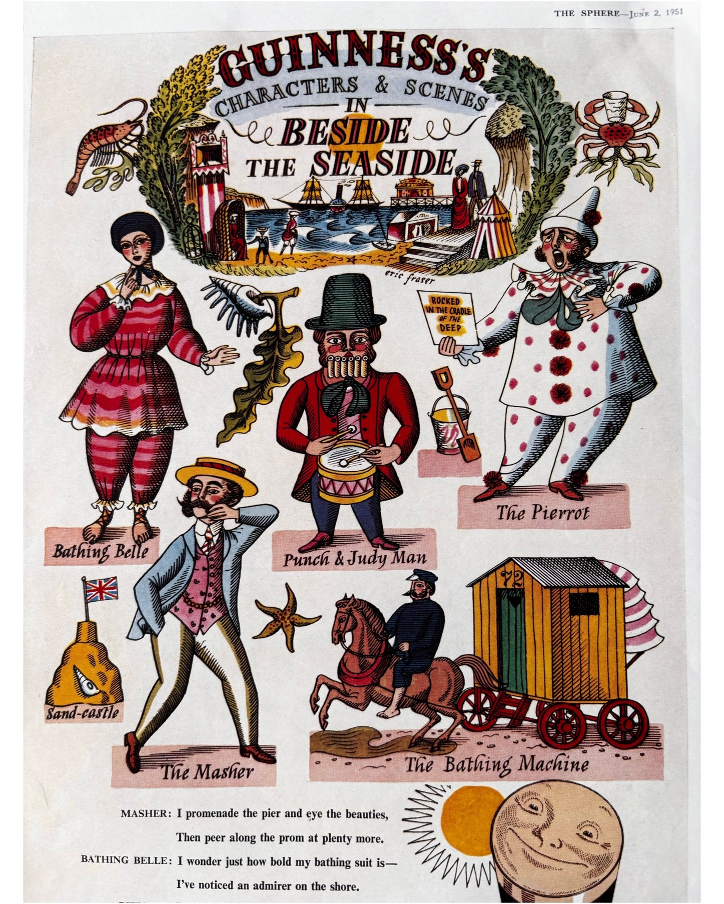 Eric Fraser Vintage GUINNESS ADVERT BESIDE THE SEASIDE June 1951 Illustrated