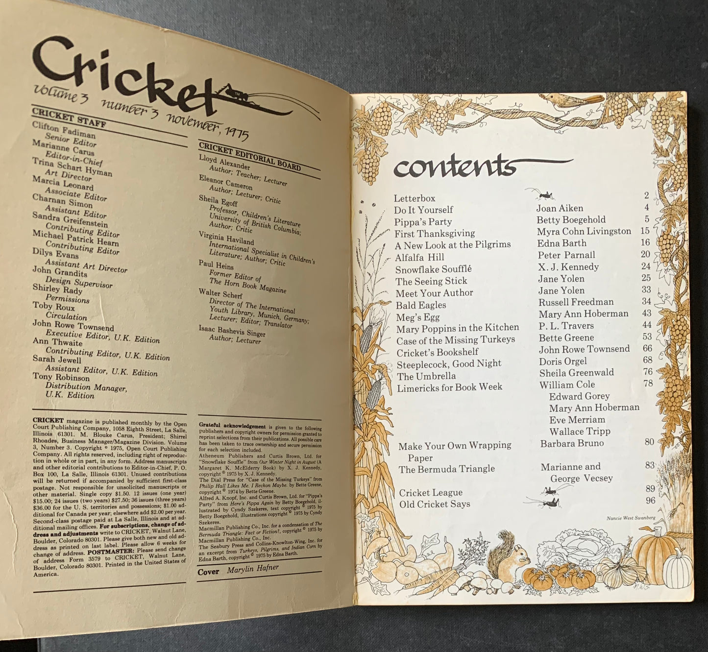 Marylin Hafner CRICKET Magazine NOVEMBER 1975 PL Travers Mary Poppins JOAN AIKEN - transpontinebooks