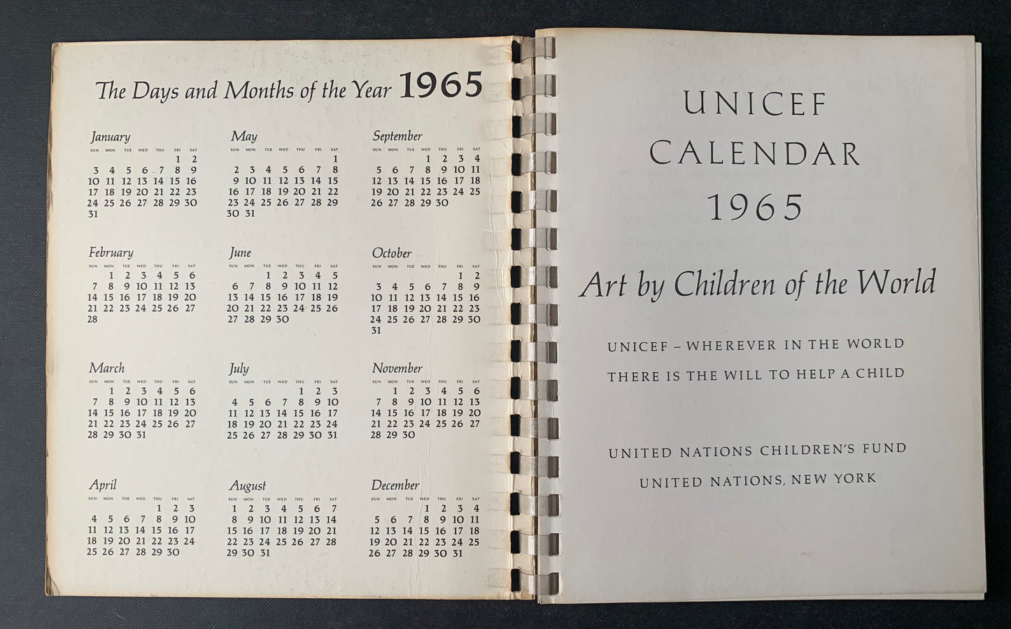 UNICEF CALENDAR 1965 Children Of The World RING BOUND - transpontinebooks