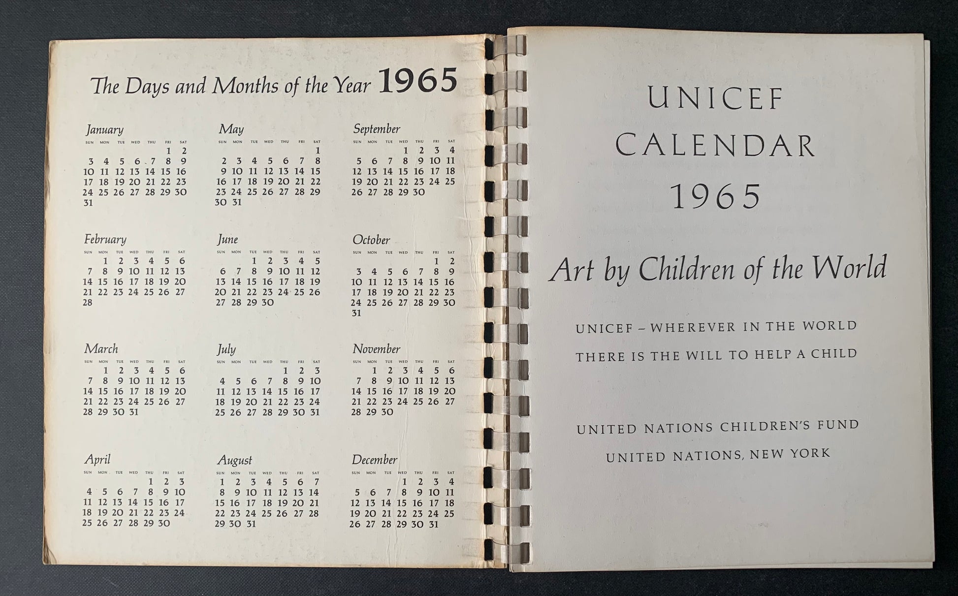 UNICEF CALENDAR 1965 Children Of The World RING BOUND - transpontinebooks