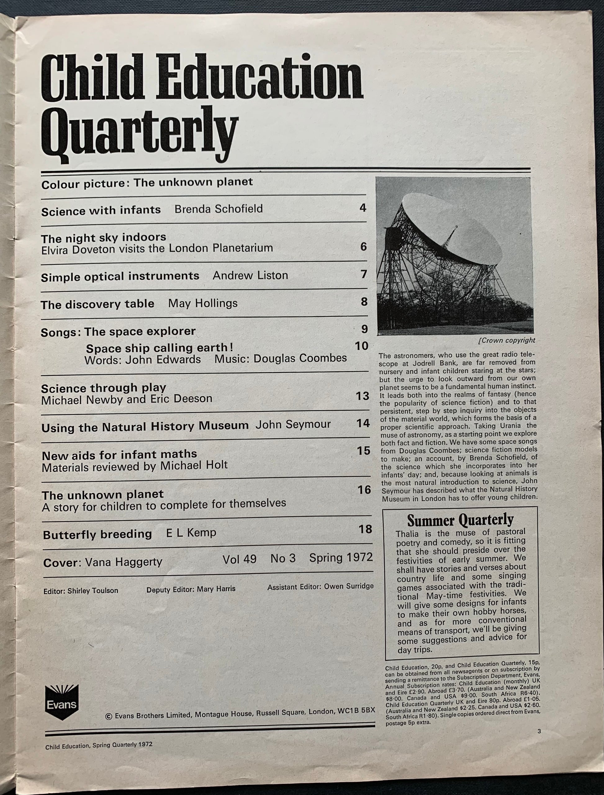 Haggerty Vana CHILD EDUCATION QUARTERLY 1972 Space SCIENCE Night Sky - transpontinebooks